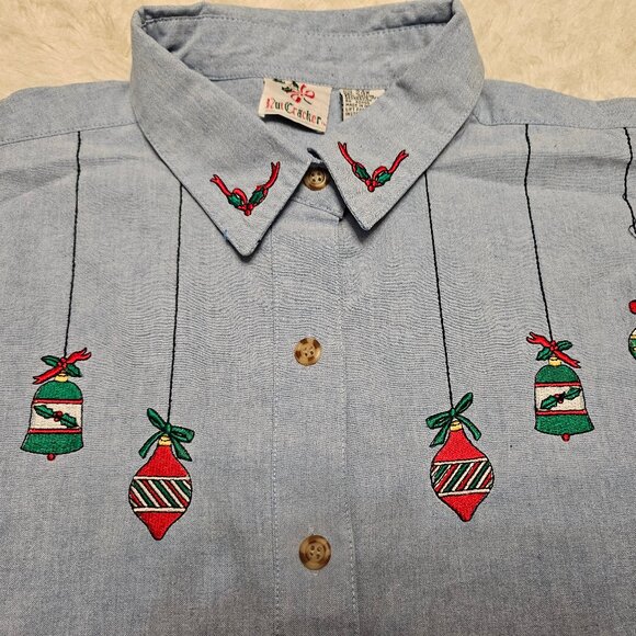 Vintage Nut Cracker Women's Christmas Ornament Embroidery Blue Denim Shirt 24W - Picture 4 of 8